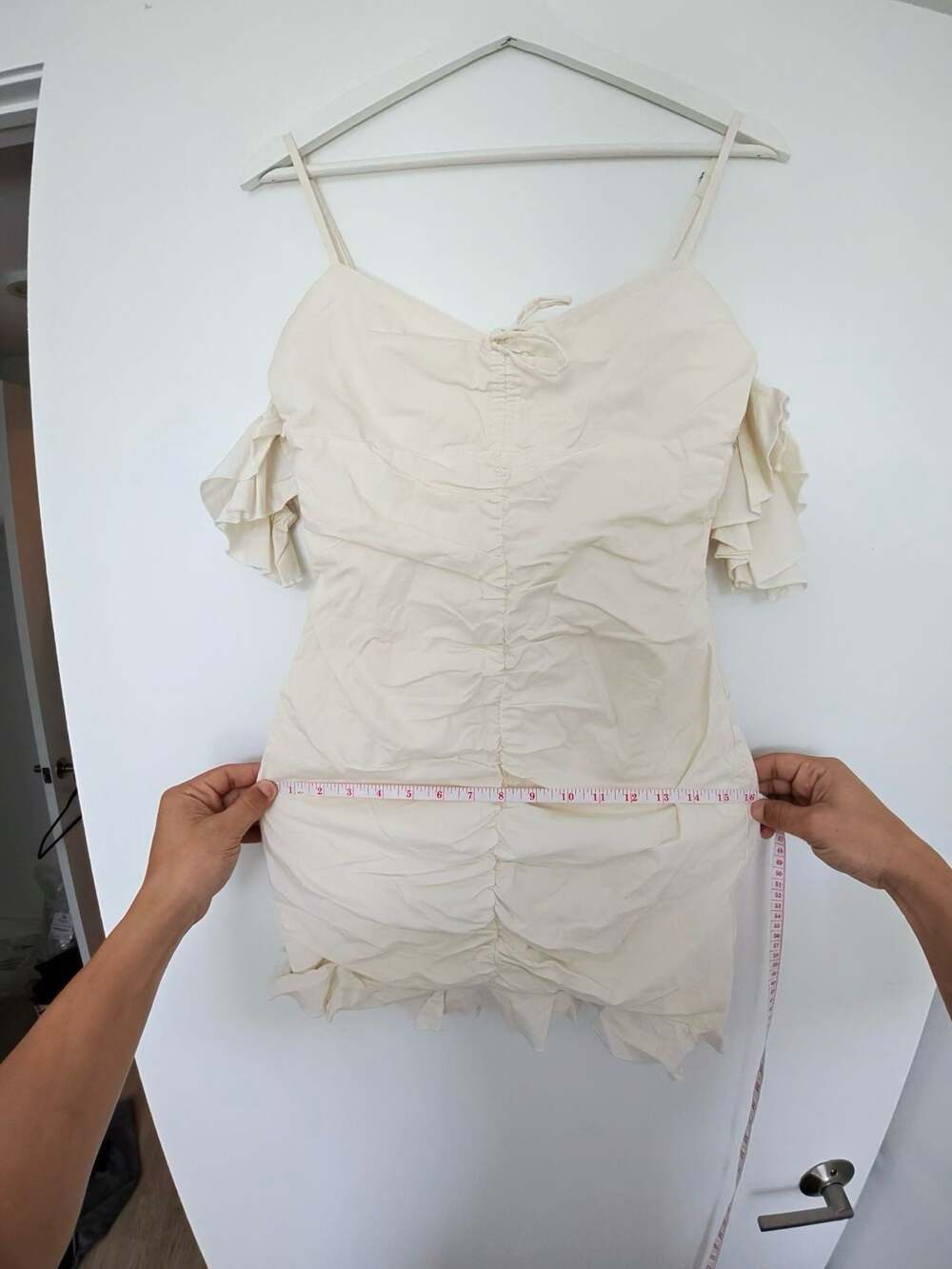 Oh Polly Ruched Ruffle Mini Dress Cream Size US 4 - Picture 6 of 8